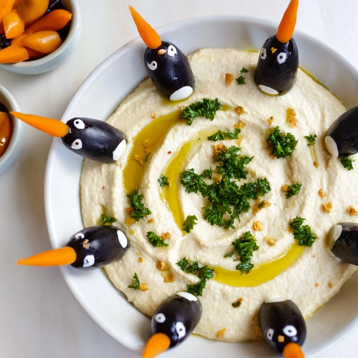 This Mediterranean-inspired white bean dip with festive olive penguins is perfect for winter parties.