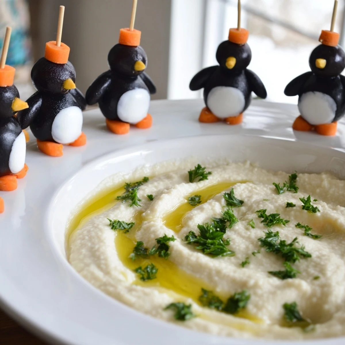 A close-up of the easy winter dip with adorable penguin garnishes, ready to enjoy with crackers.