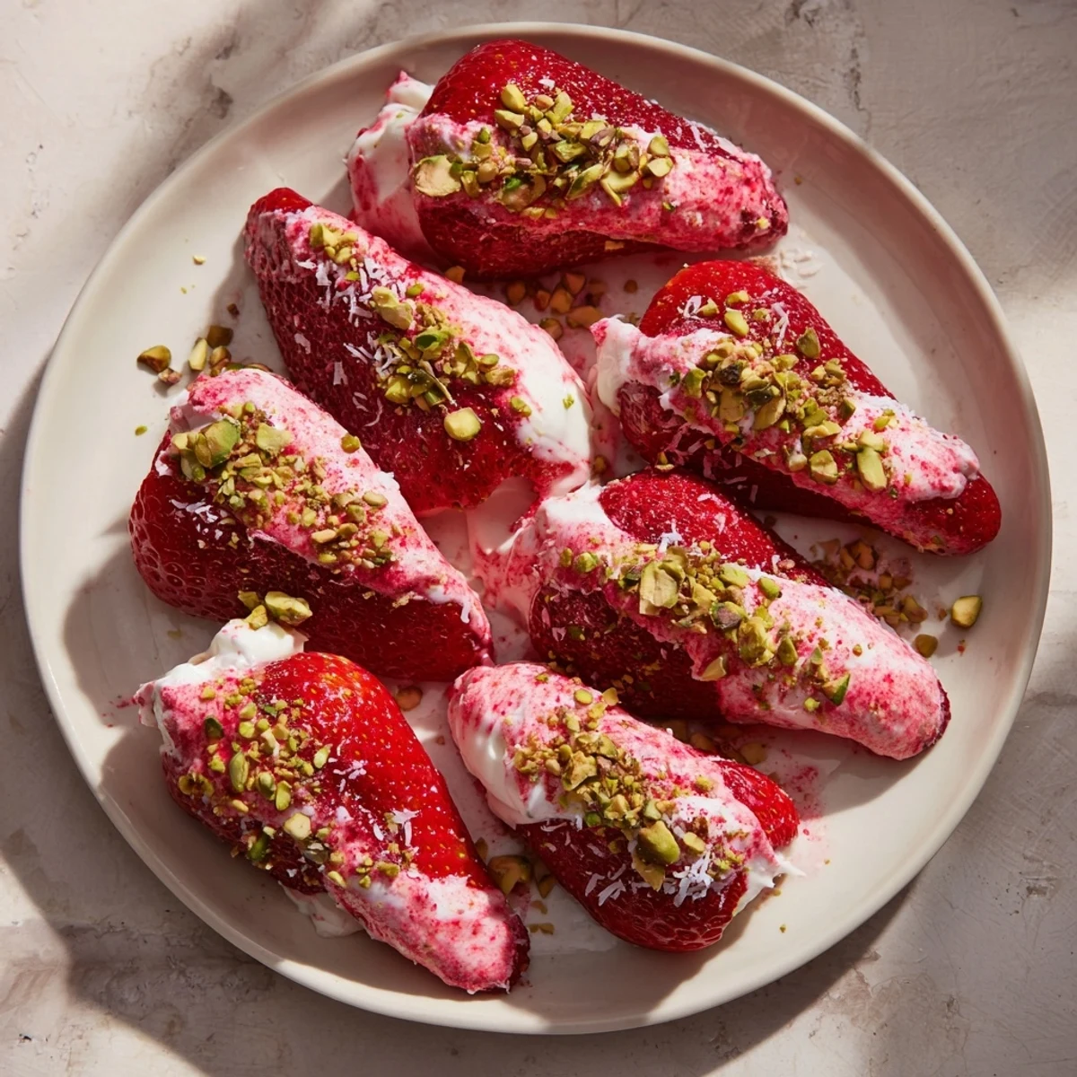 Close-up of frozen Yogurt Dipped Strawberry halves, a healthy snack with a beautiful creamy coating.