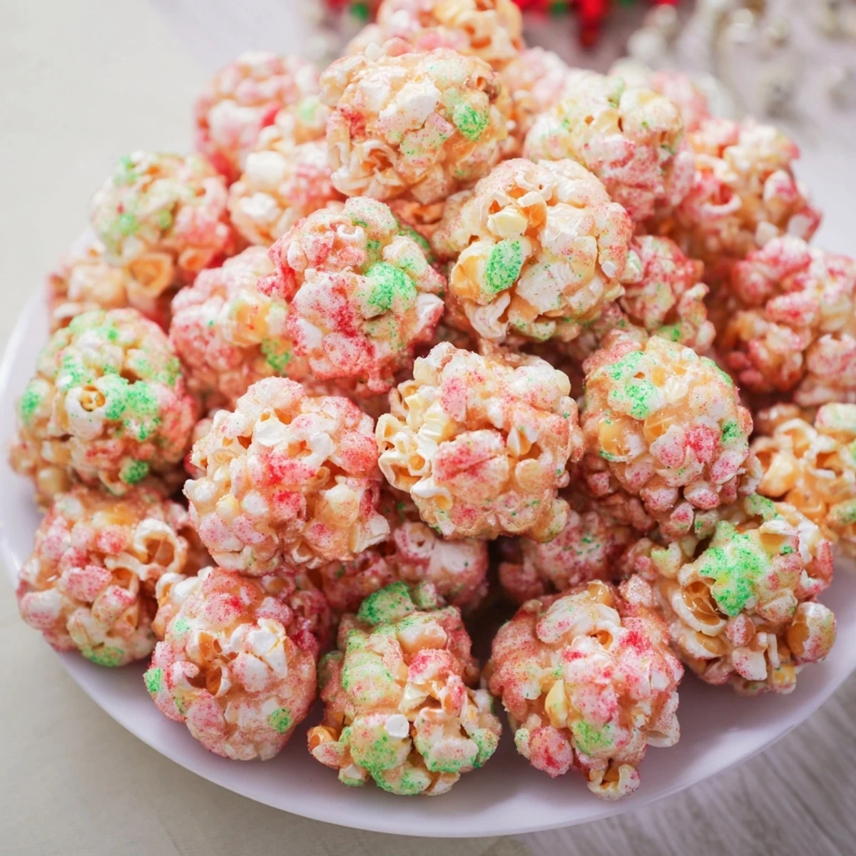 Sweet, colorful popcorn piles speckled with holiday sprinkles, perfect for sharing and snacking.