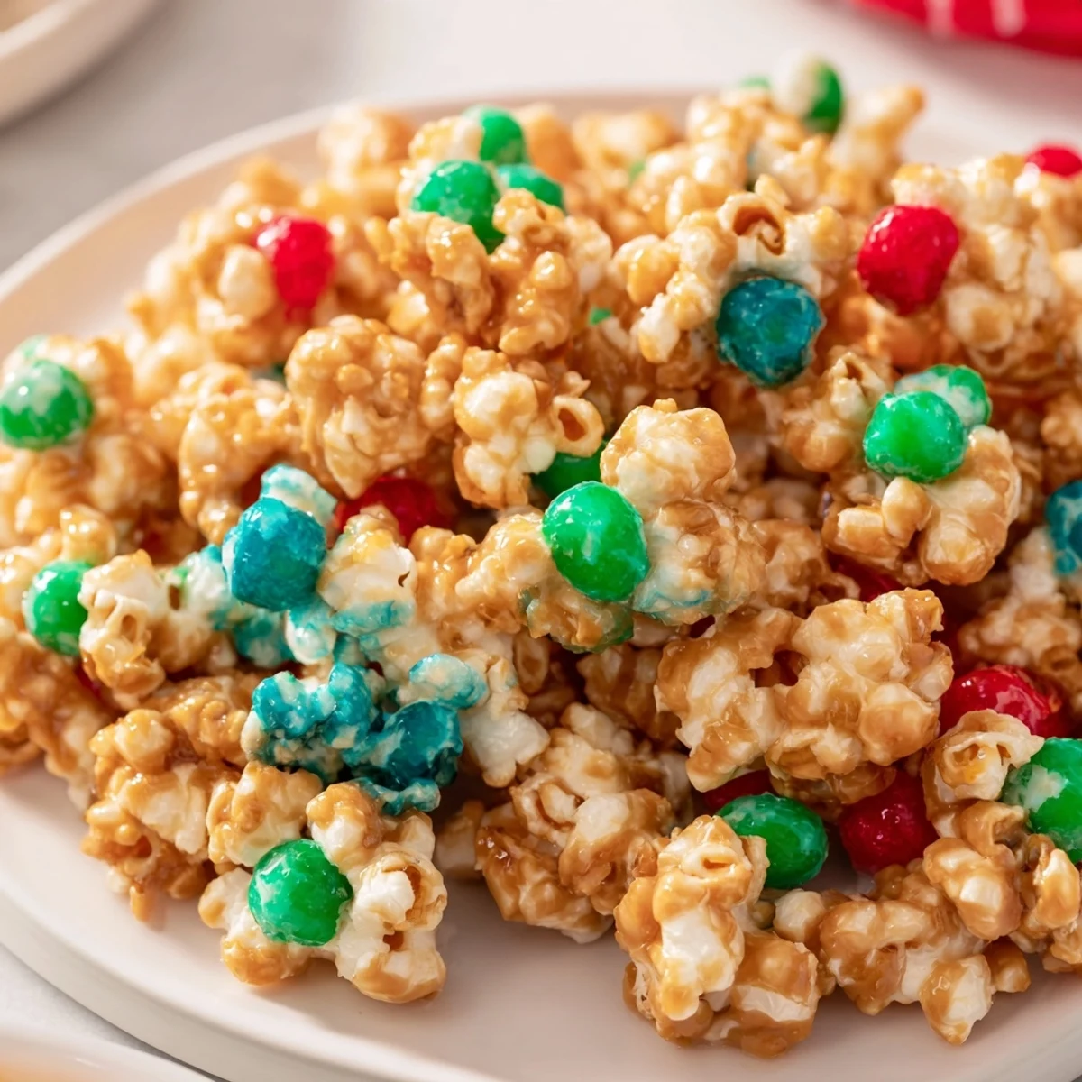Golden, sugary coating glistening on festive popcorn piles with bright red and green sprinkles.