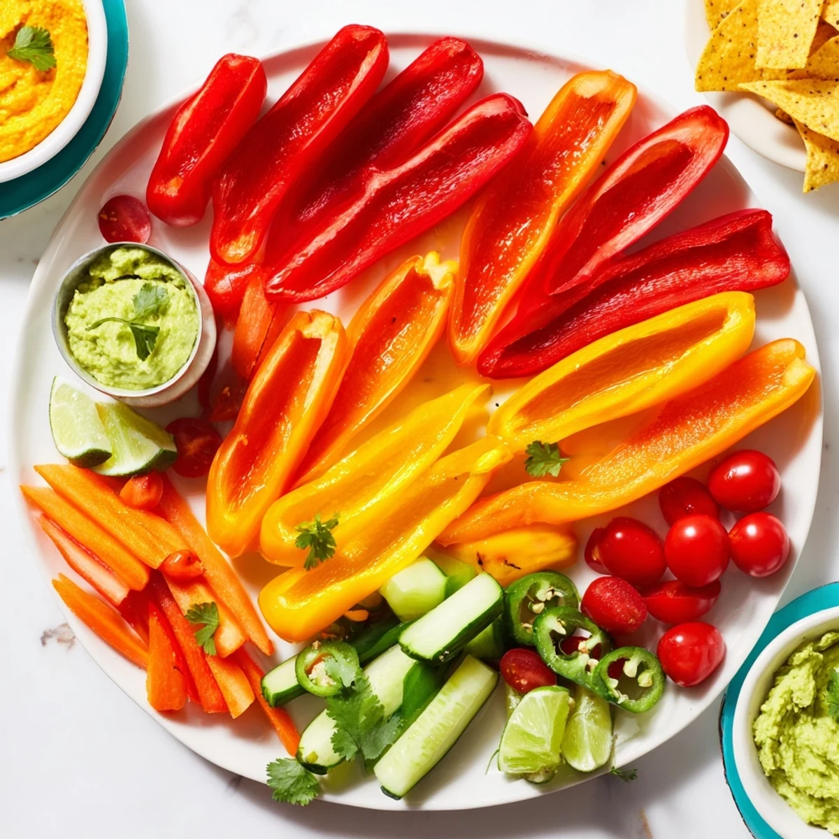 A delicious Spicy Chili Pepper Fiesta presentation, with roasted red pepper hummus and fresh, crisp vegetables waiting.