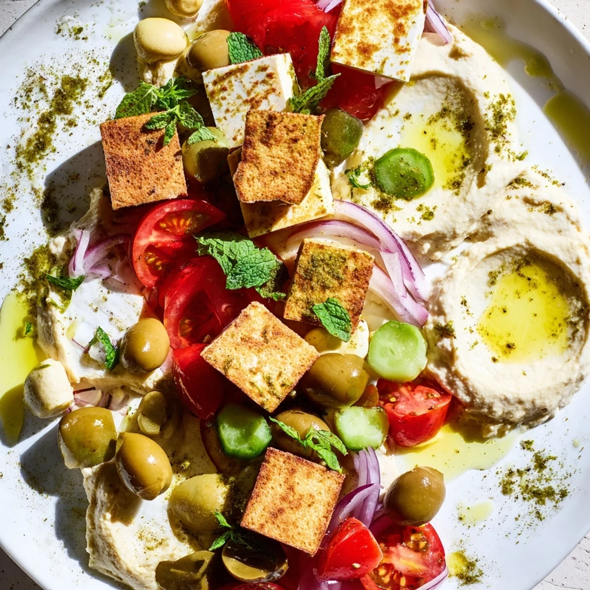 A colorful Mediterranean Mezza Platter with creamy hummus, feta, and fresh veggies, ready to share.