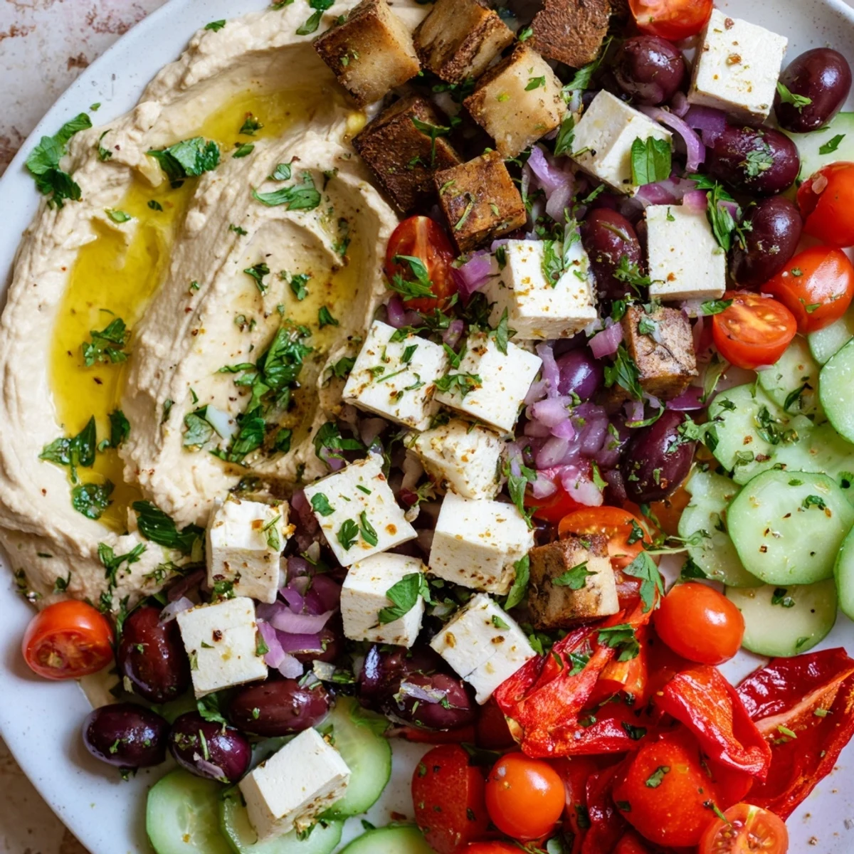 Vibrant Mediterranean Mezza Platter featuring a variety of dips, olives, and pita bread for easy snacking.