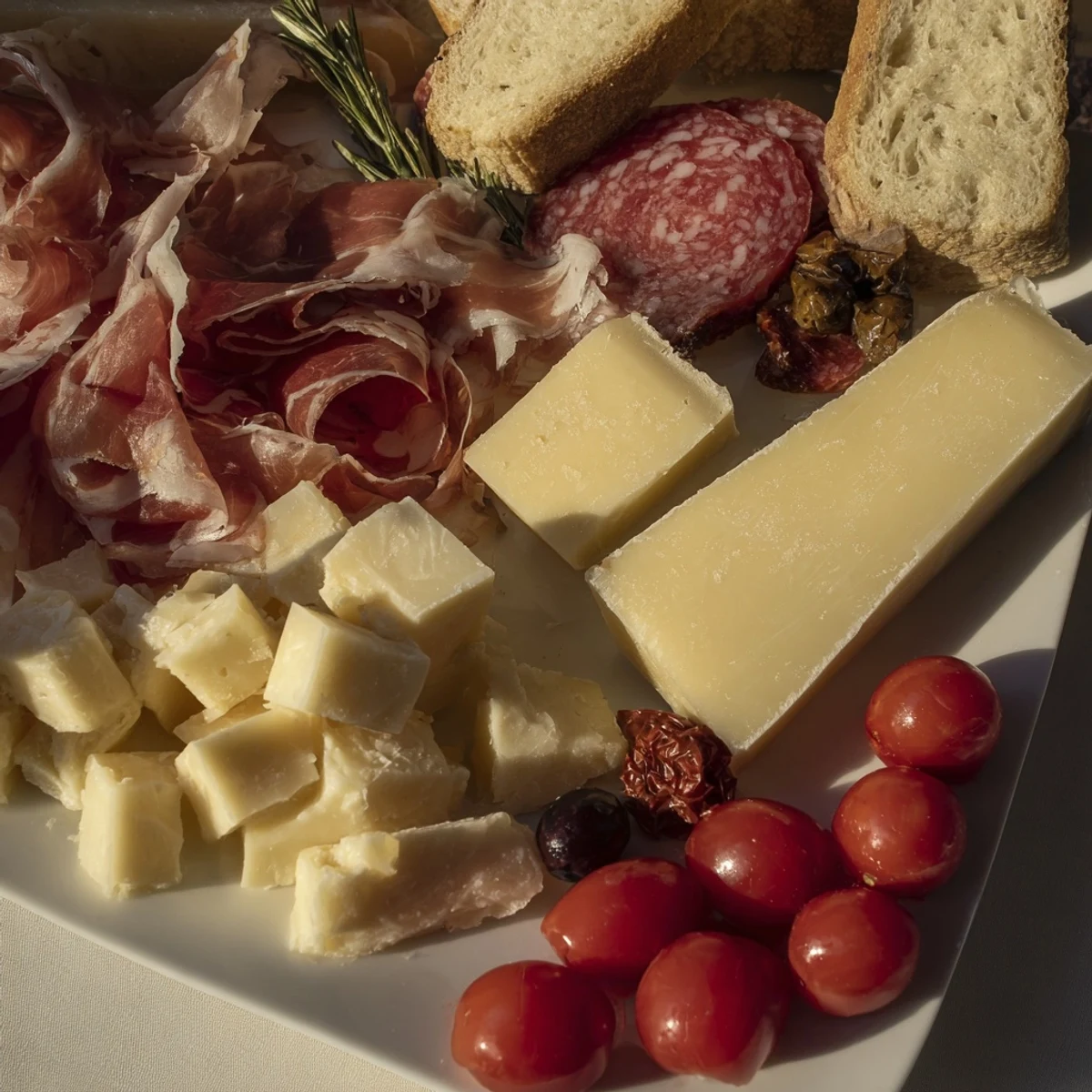 A close-up of a Rustic Italian Farmhouse Board with glistening prosciutto and fresh rosemary sprigs.