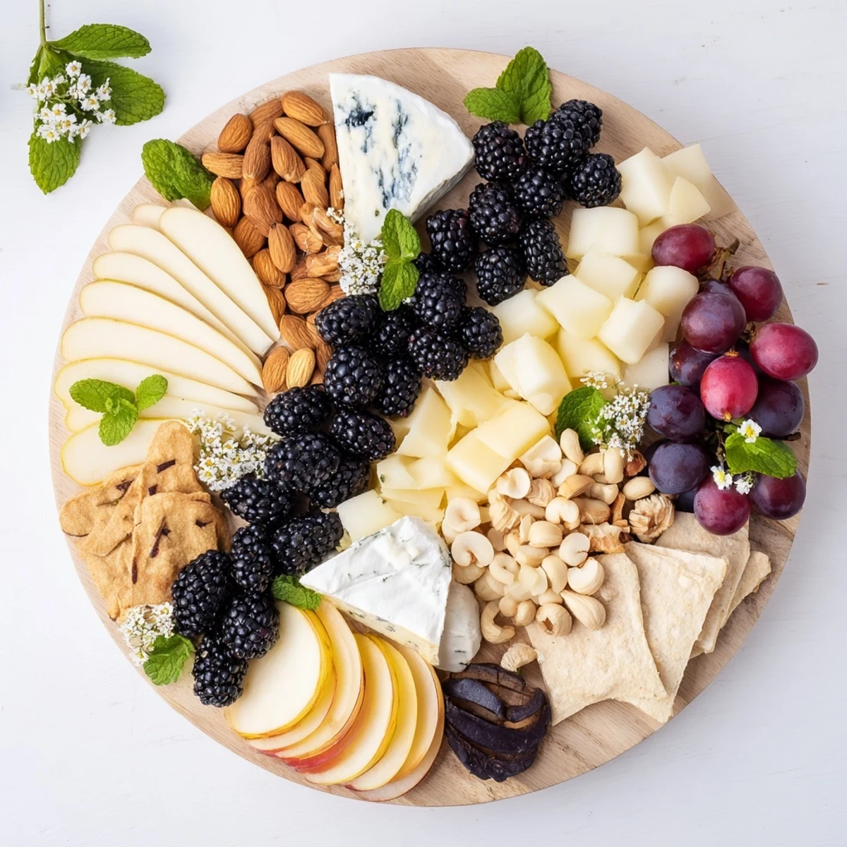 A visually balanced Yin-Yang appetizer board with fresh blackberries and assorted cheeses.