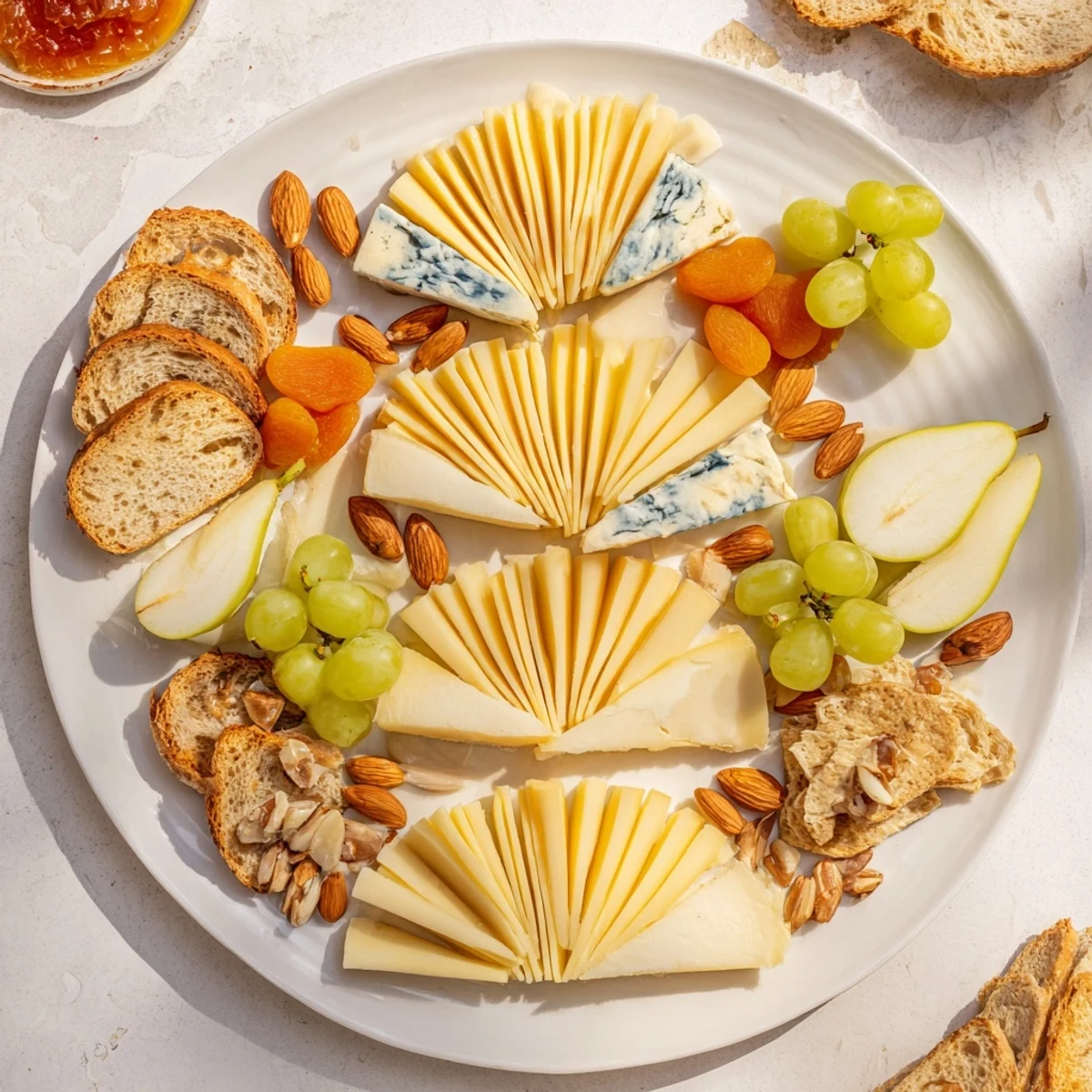 Art Deco Arch Cheese Platter with colorful grapes and sliced fruit, perfect for entertaining.