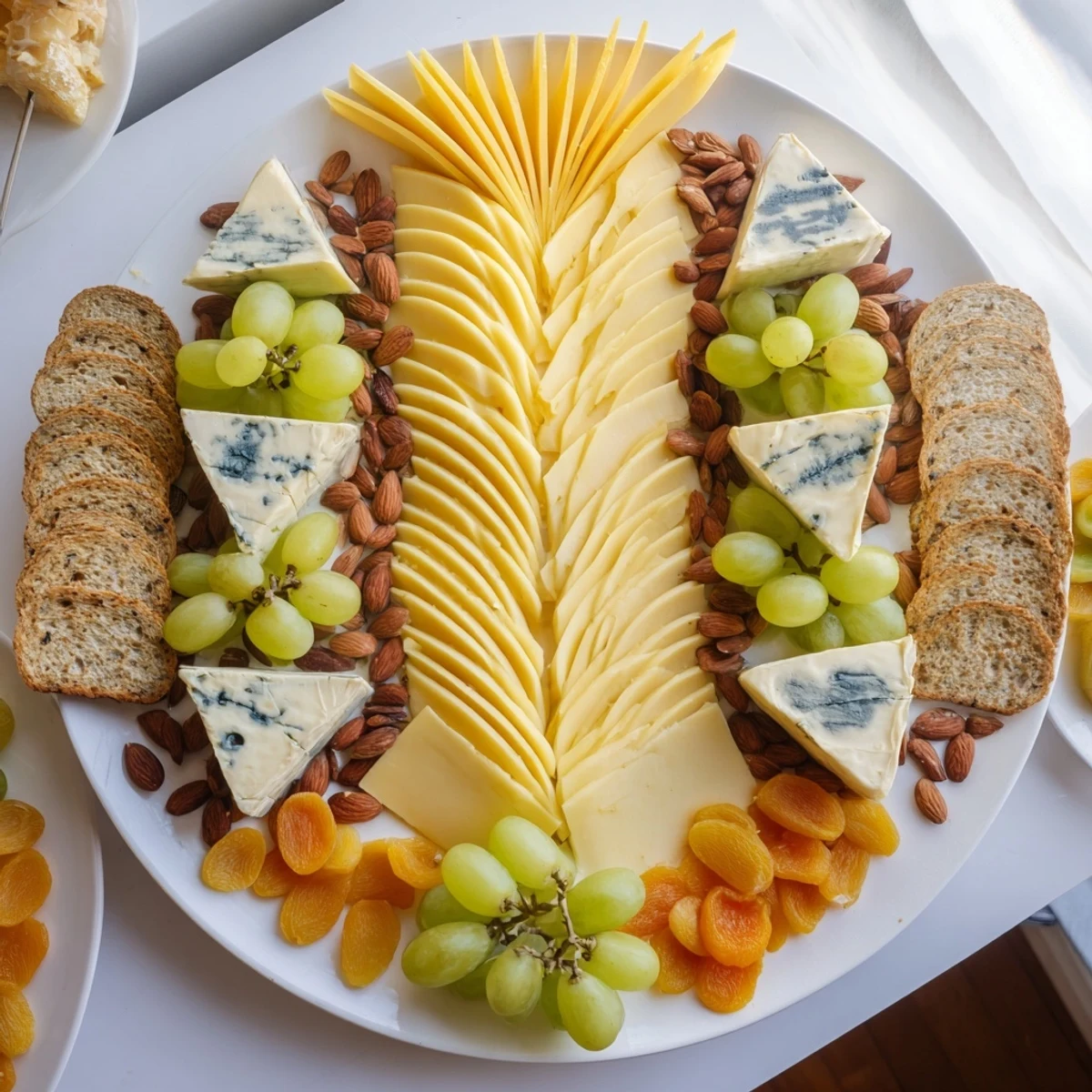 A visually stunning Art Deco Arch Cheese Platter, featuring tiered cheese arches with brie and blue cheese.