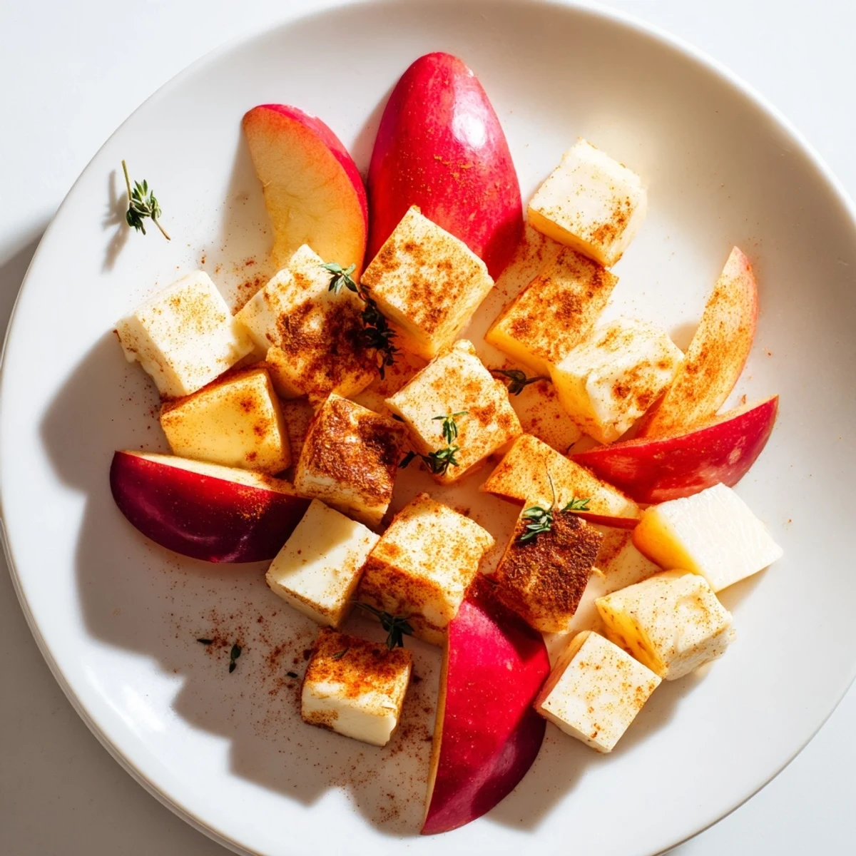 Vibrant The Autumn Ember appetizer: cheese embers dusted in paprika, surrounded by ruby apple slices, ready to serve.