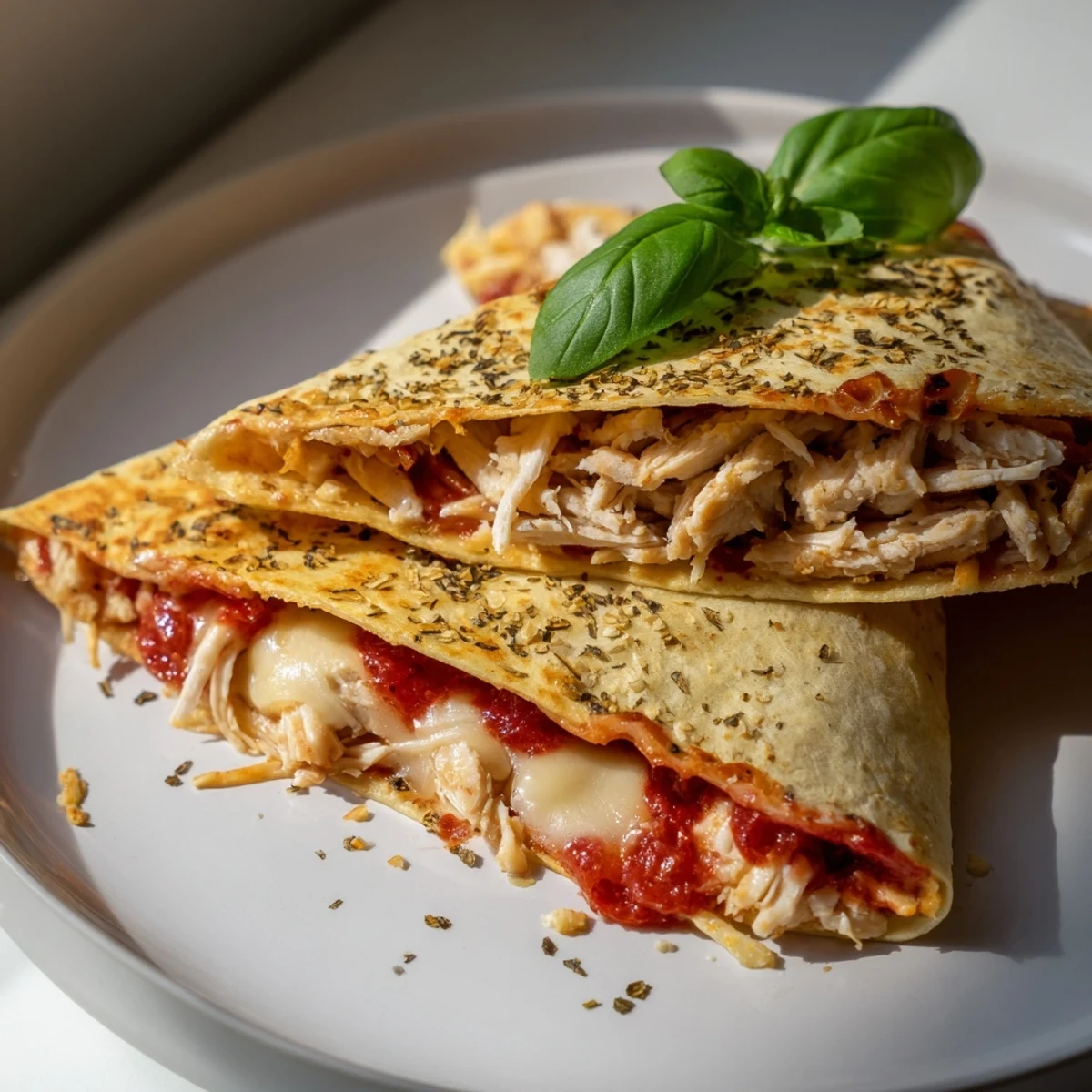 Golden, crispy Tortilla Pizza Wrap with melting mozzarella and savory chicken filling the folds.