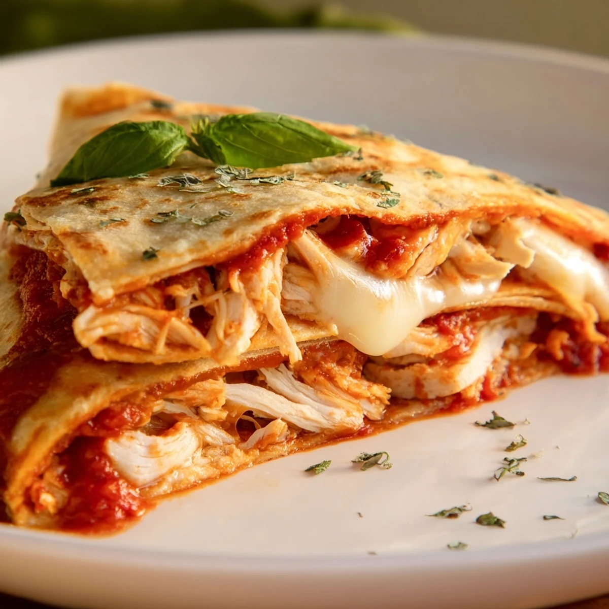 Close-up of a warm Tortilla Pizza Wrap, toasted to perfection with bubbling cheese and flavorful chicken.