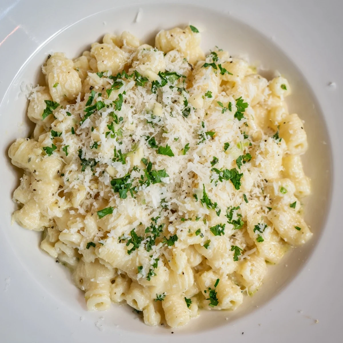 A steaming bowl of 15-Minute Garlic Parmesan Pasta, generously dotted with freshly grated cheese.