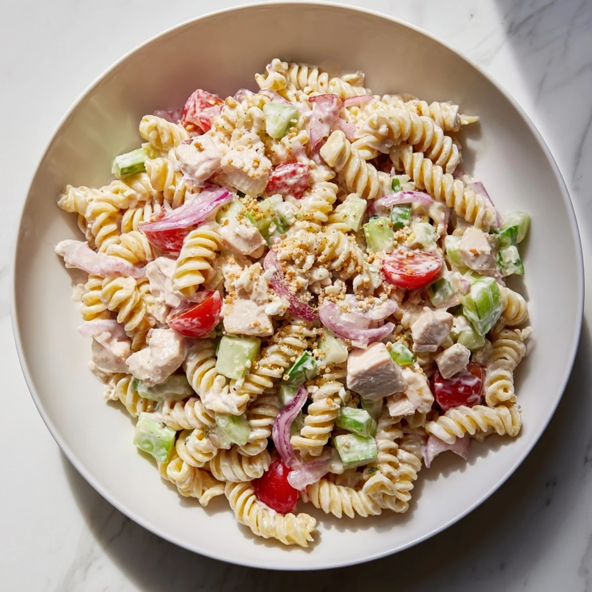 Everything Bagel Chicken Pasta Salad: a creamy, flavorful cold salad with chicken and fresh veggies.