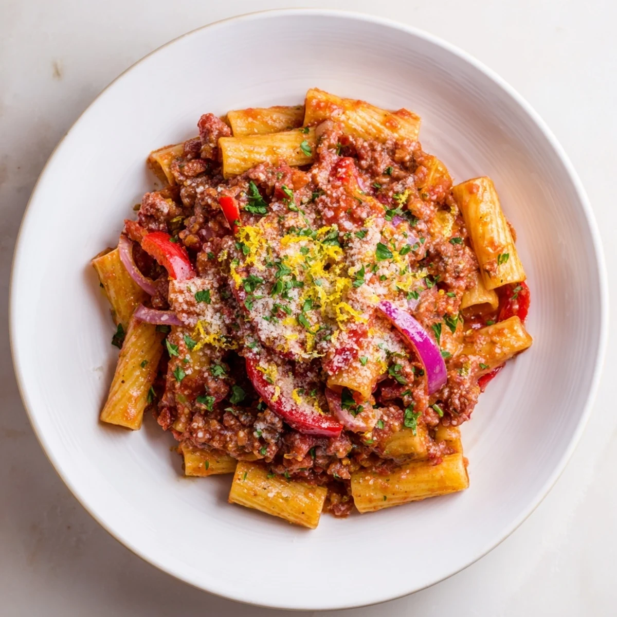 Steaming bowl of one-pot Diavola Spicy Pasta garnished with fresh herbs and Parmesan cheese.