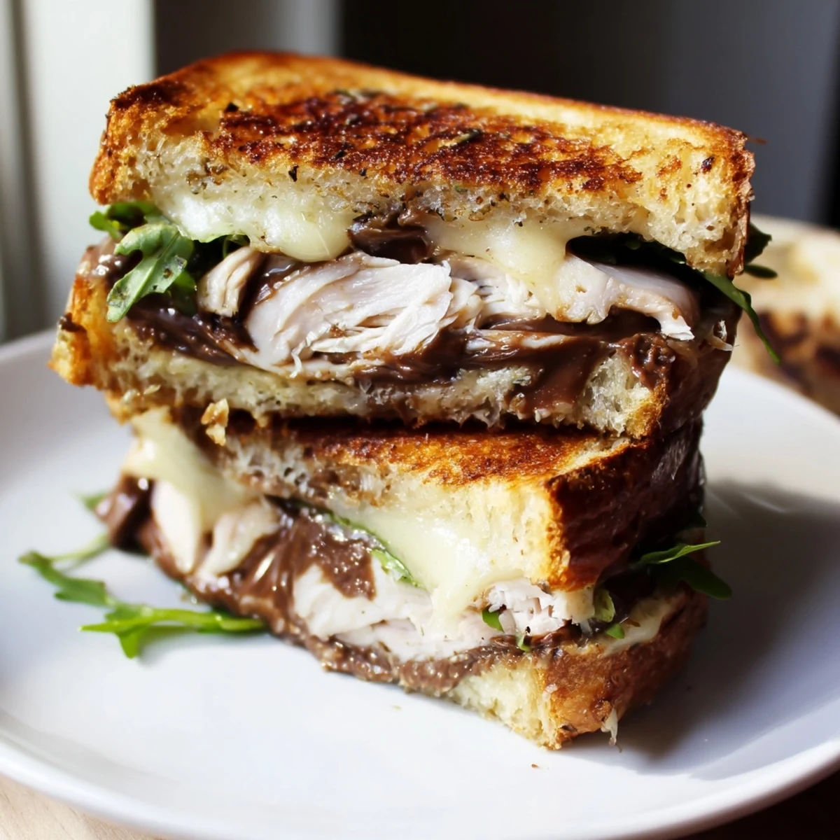 Golden, melted brie oozes from a Nutella Grilled Cheese with Chicken, showcasing crispy bread and flavorful fillings.