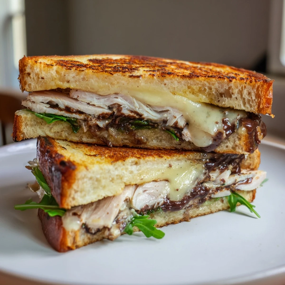 A warm, delicious Nutella Grilled Cheese with Chicken sandwich, showcasing tender chicken and melted cheese, ready to eat.