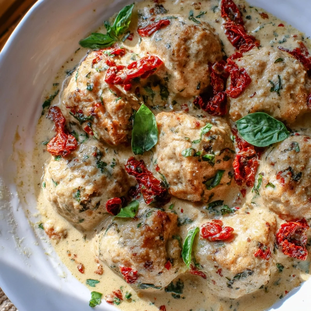 Marry Me Chicken Meatballs simmering in creamy tomato sauce, garnished with fresh basil.