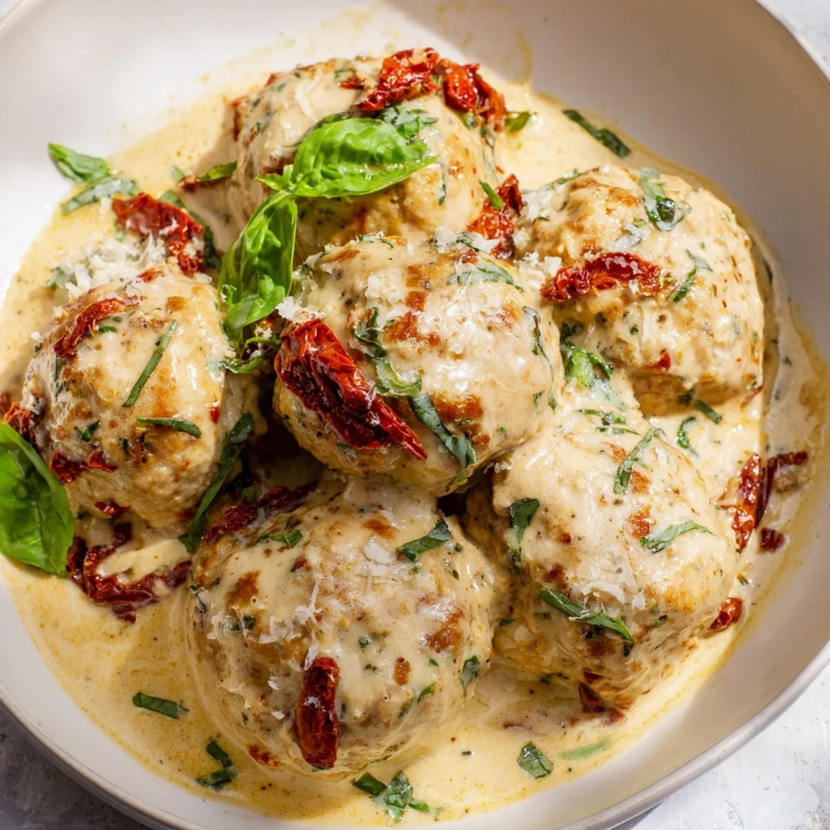 Golden-brown Marry Me Chicken Meatballs, a flavorful American-Italian recipe, served on pasta.