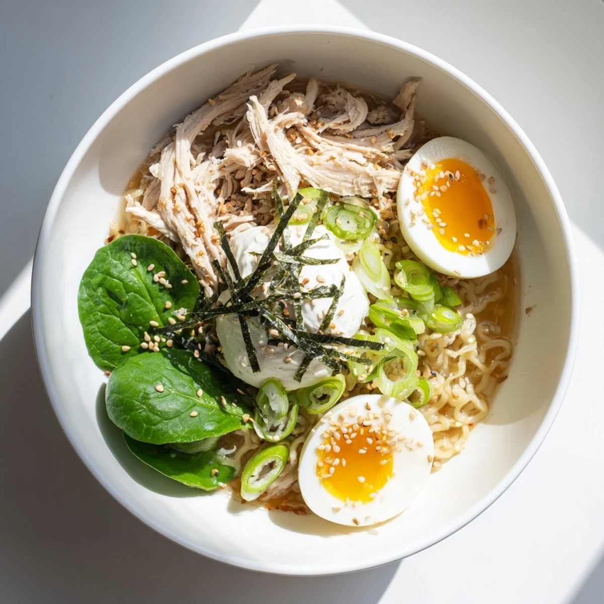 Steaming bowl of Chicken Ramen with Kewpie Mayo, topped with soft egg, scallions, and sesame seeds.