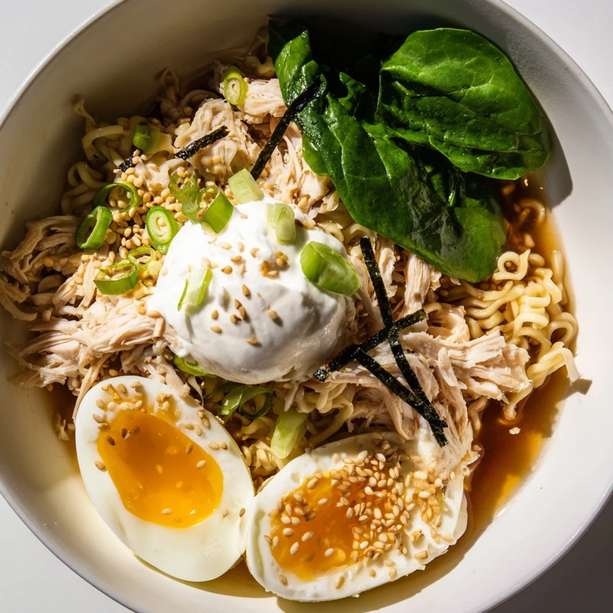 Flavorful Chicken Ramen with Kewpie Mayo: a quick and easy recipe with soft-boiled eggs and green onions.