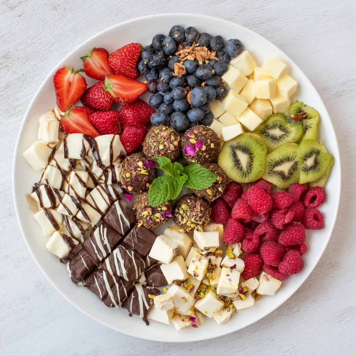 Visual of the complete Sweet Dessert Decadence, showcasing luscious fruits and decadent chocolate-covered sweets on a platter.