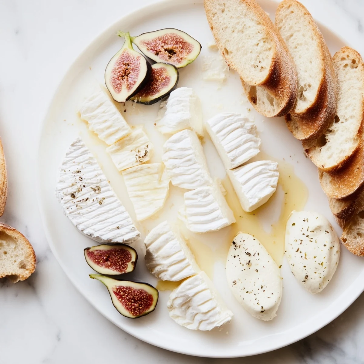 Delicious French bistro elegance appetizer: a close up of the cheese, fruits, and bread arranged to perfection.