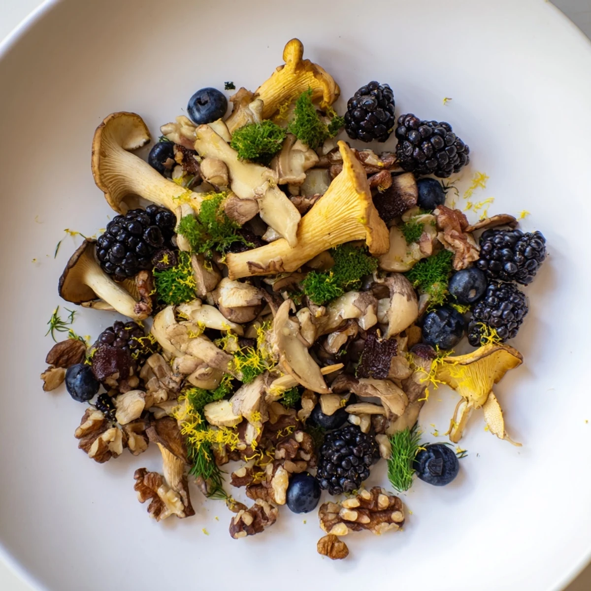 A vibrant serving of Northwest Forest Forager salad, showcasing earthy mushrooms, berries, and toasted nuts.