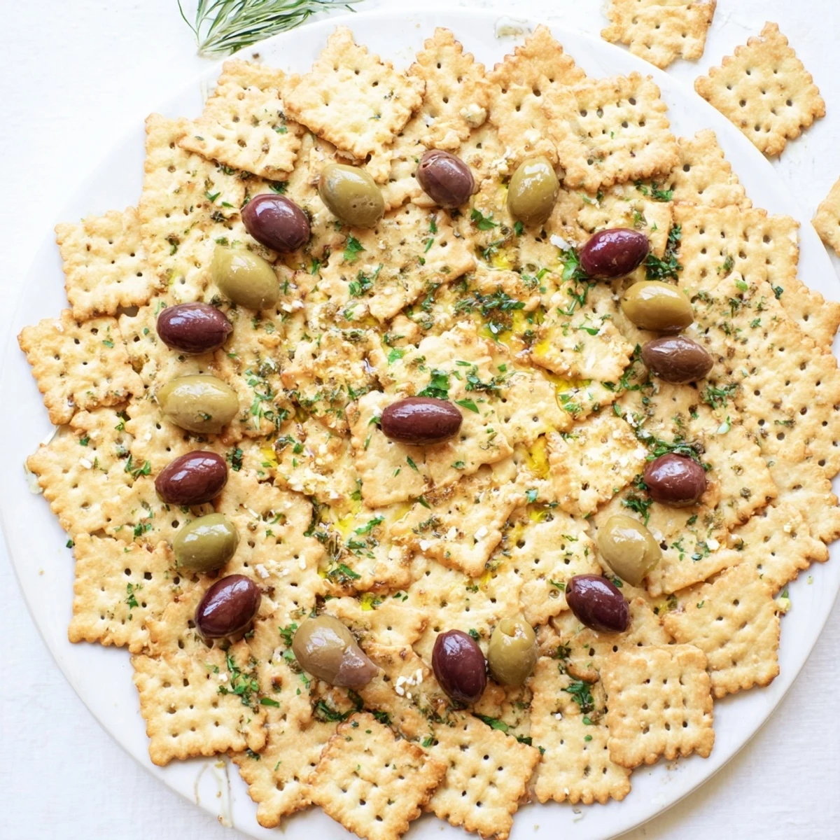 Cobblestone Courtyard appetizer: crackers and olives create a rustic, European-inspired appetizer.