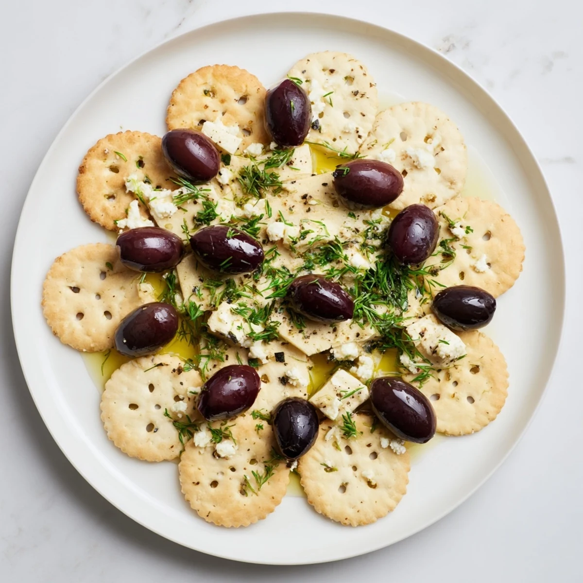 A delectable Cobblestone Courtyard: a colorful appetizer featuring olives nestled among circular crackers.