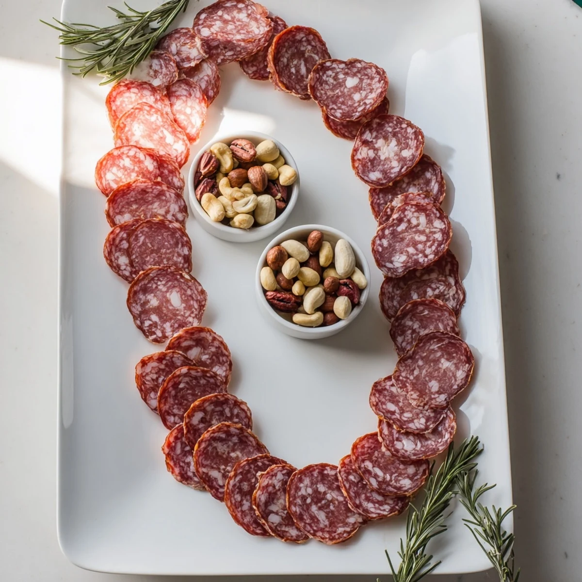 Artfully arranged The Infinity Loop with salami and nuts, a delightful appetizer presentation.