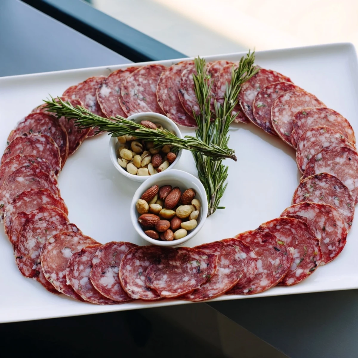 The Infinity Loop recipe: a figure-eight of salami encircling nutty bowls, ready to be enjoyed.