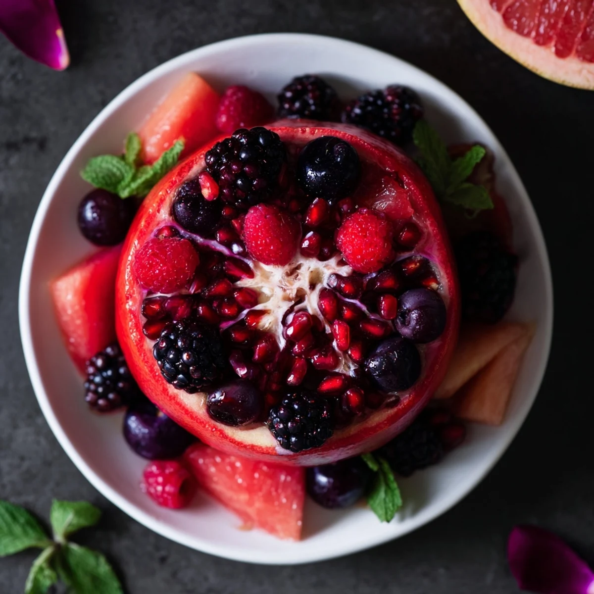 Vibrant arrangement of fresh fruits in a Pomegranate Pivot, a colorful platter centerpiece ready to enjoy.