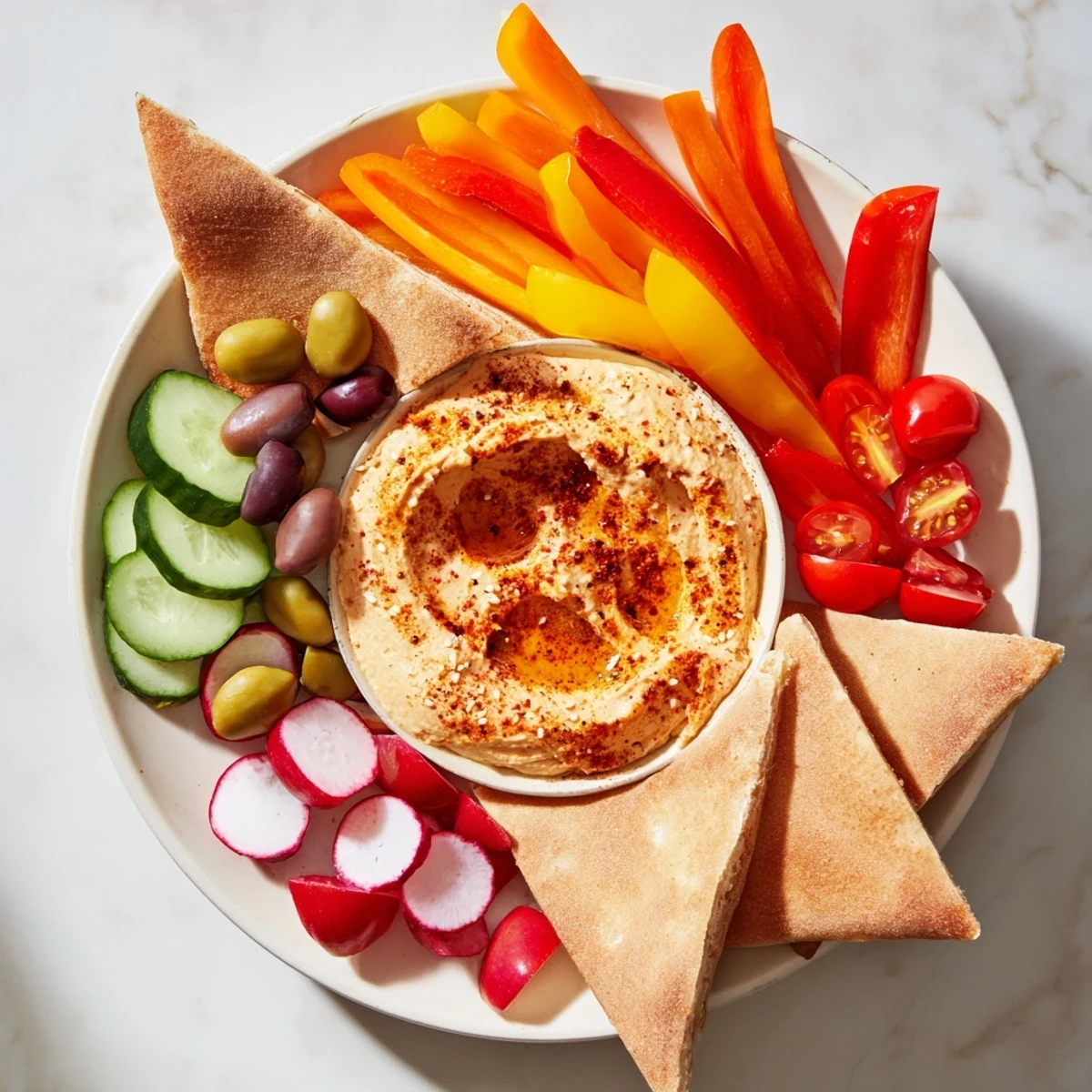 Vibrant Moroccan Tent appetizer platter showcasing colorful vegetables, creamy dips, and warm flatbreads.