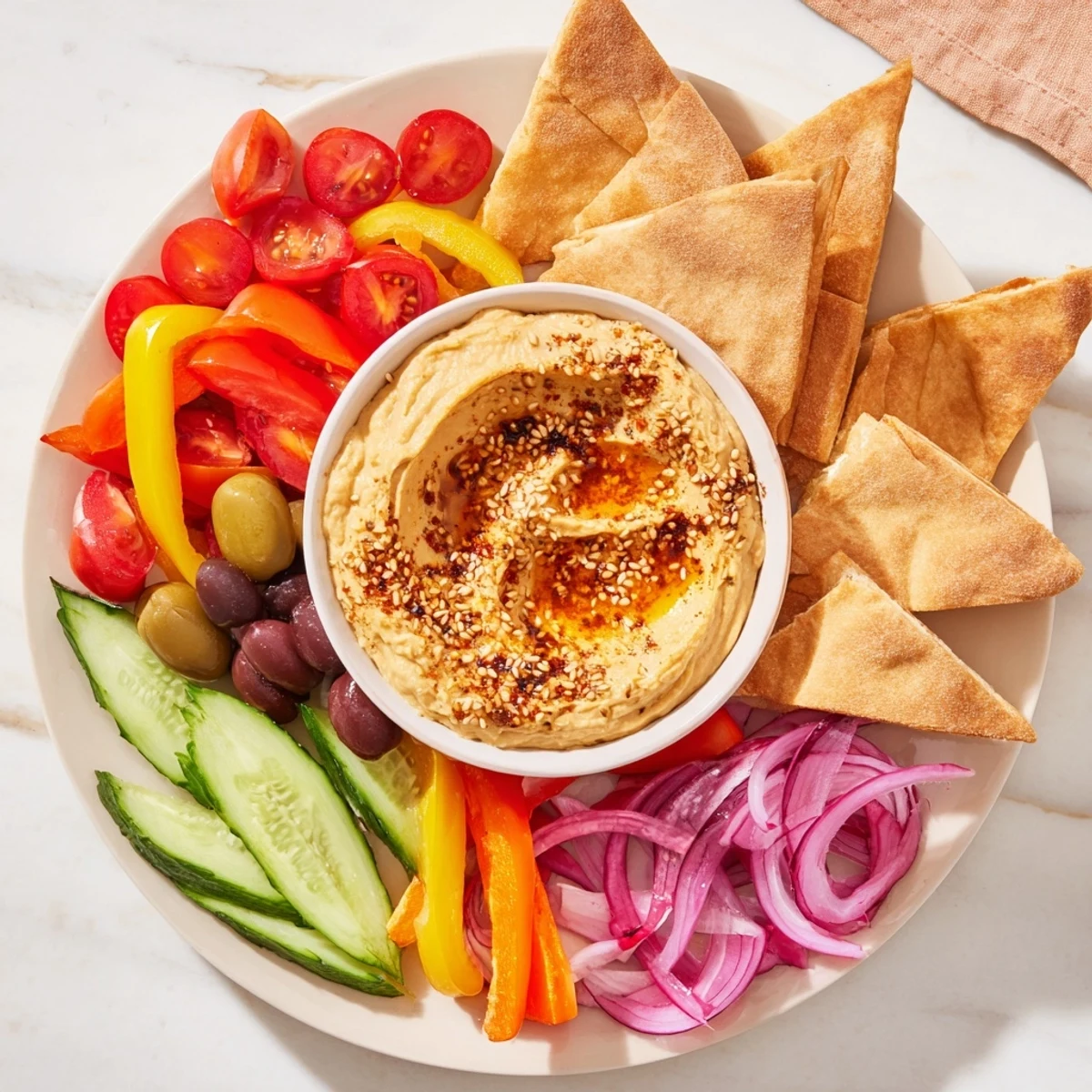 A beautifully arranged Moroccan Tent, a vegetarian feast with hummus, baba ganoush, and fresh vegetables.