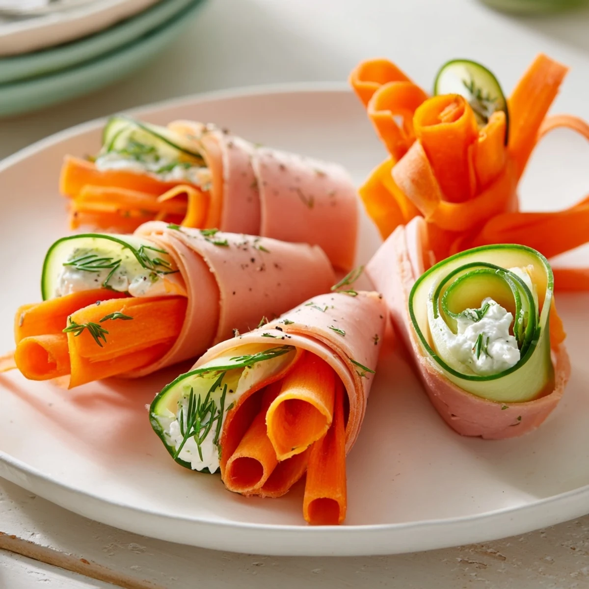 Delicate smoked turkey rolls, beautifully adorned with colorful ribbons, create the perfect Ribbon Dancer appetizer.