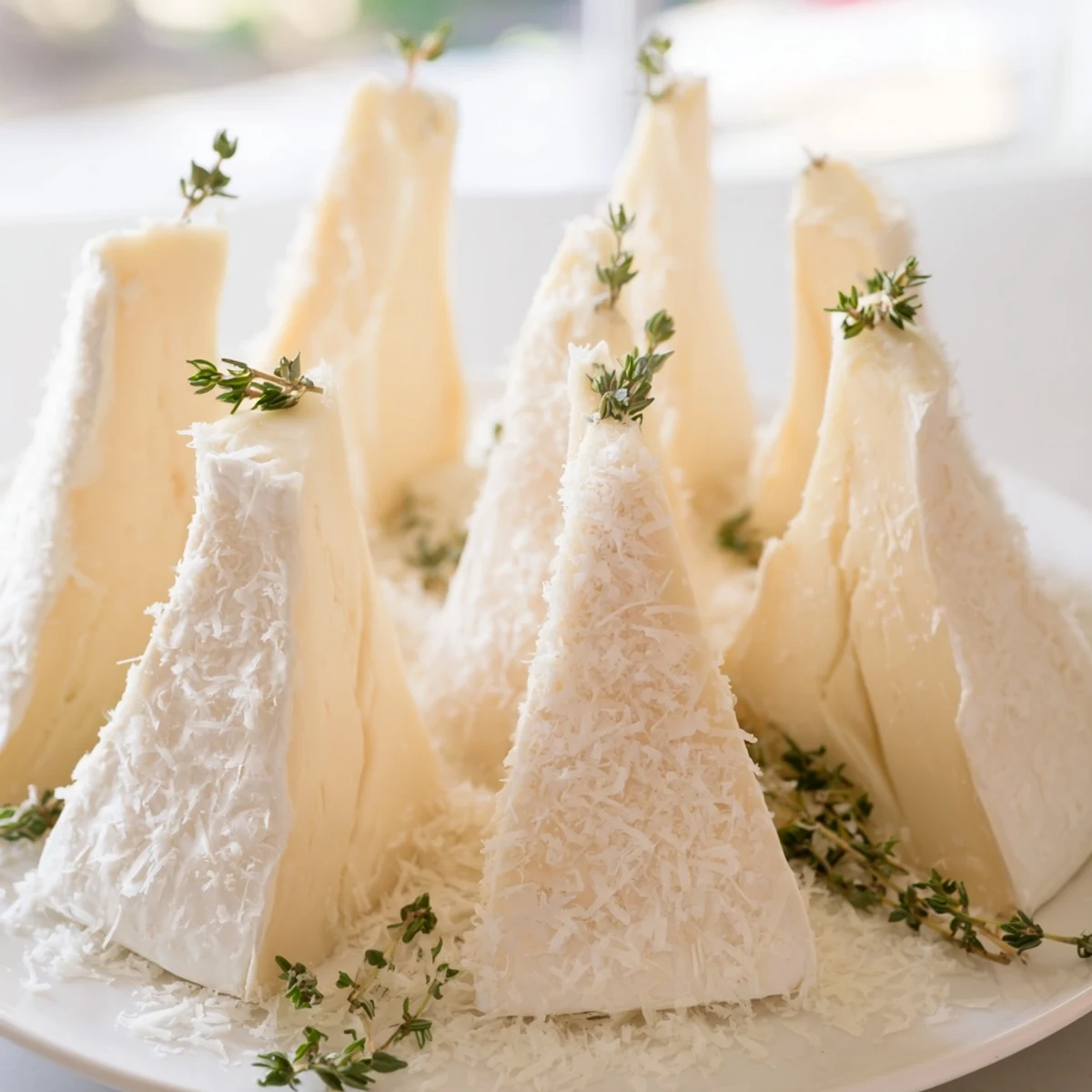 Snowcapped Range appetizer: creamy Brie mountains dusted with Parmesan, ready to serve with crackers.