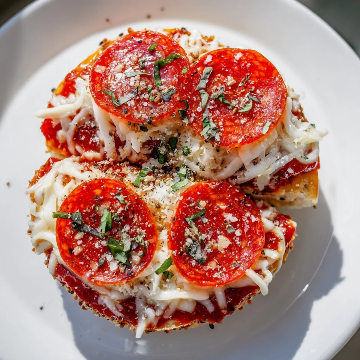 Mini Pepperoni Pizza Bagels fresh from the oven, with bubbling cheese and crispy pepperoni slices.