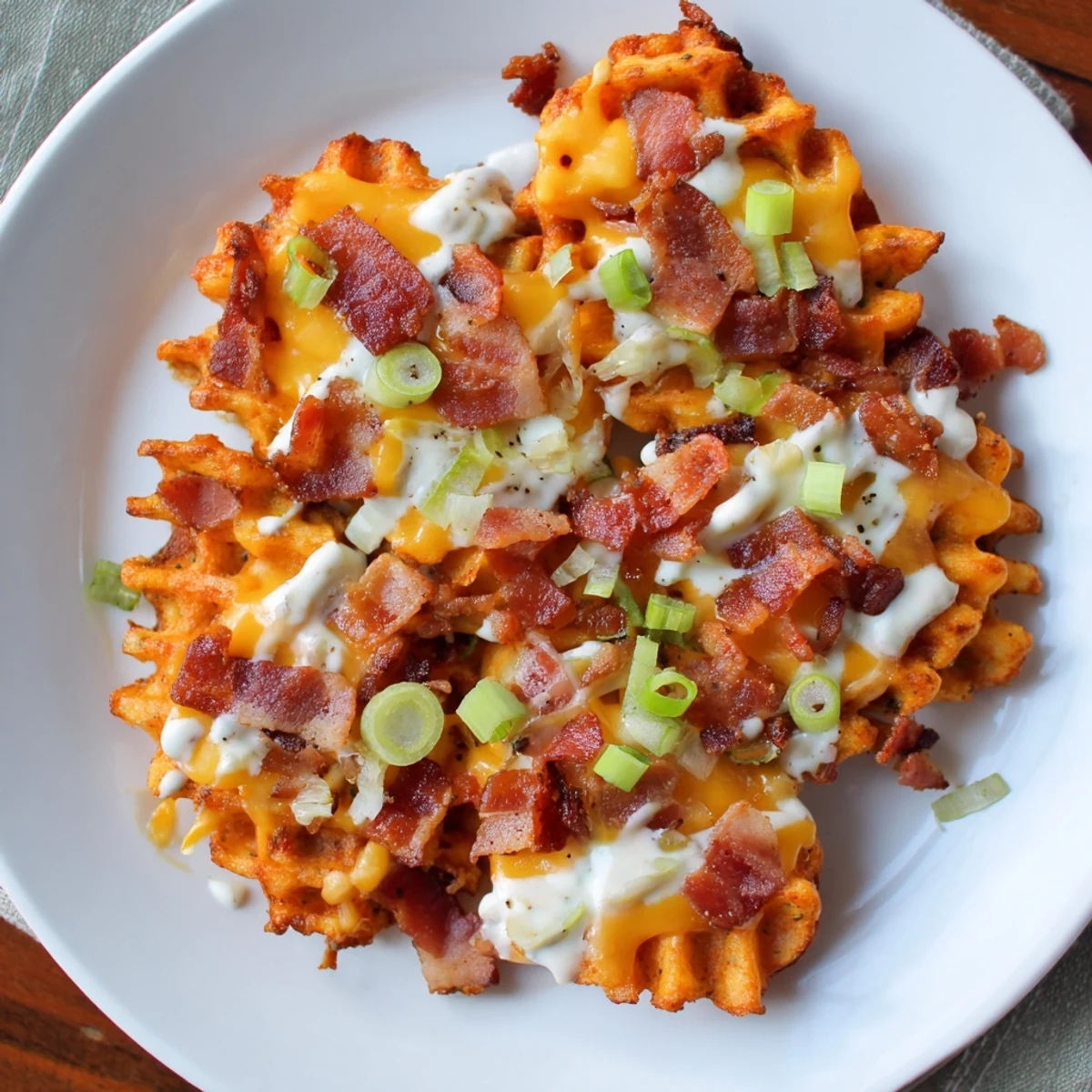 Loaded Sweet Potato Fries piled high with melted cheddar, ranch drizzle, and crispy bacon, ready to savor.