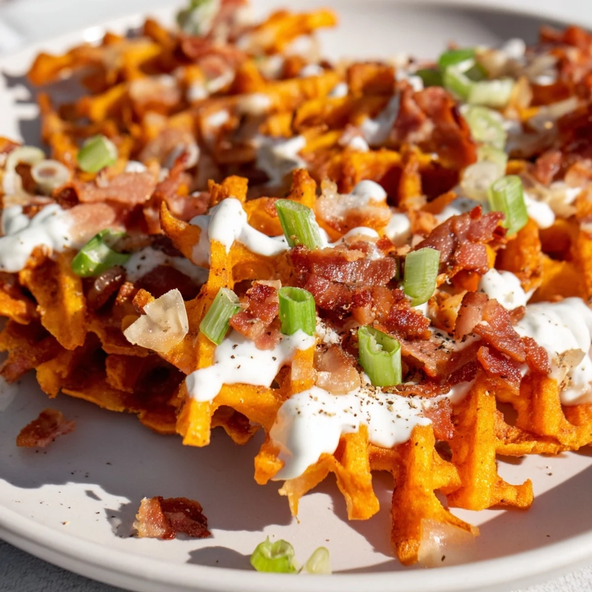 Golden, crispy Loaded Sweet Potato Fries with a cheesy topping, perfectly complemented by fresh green onions.
