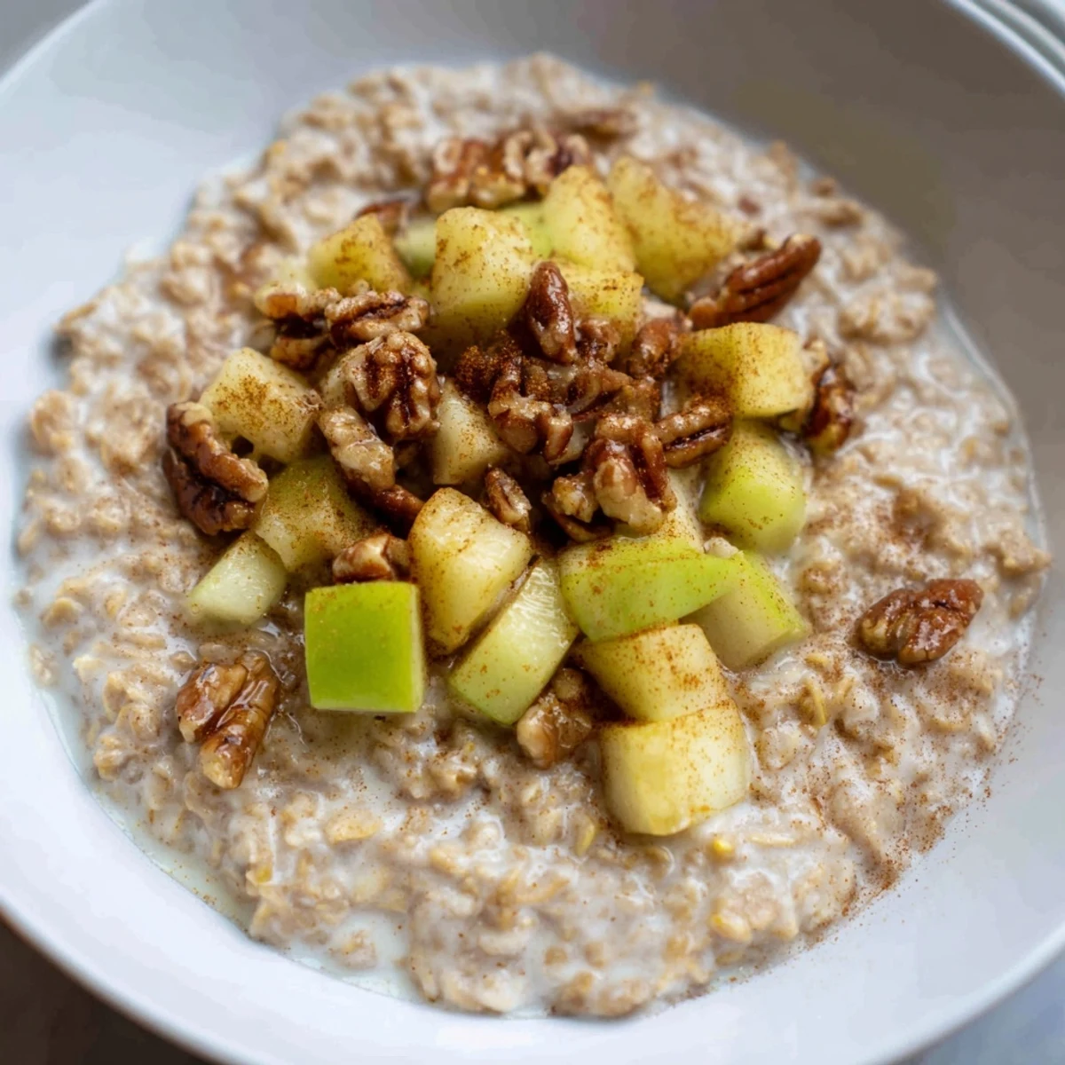 A warm bowl of apple pie oatmeal, showing tender apples glistening with cinnamon and syrup.