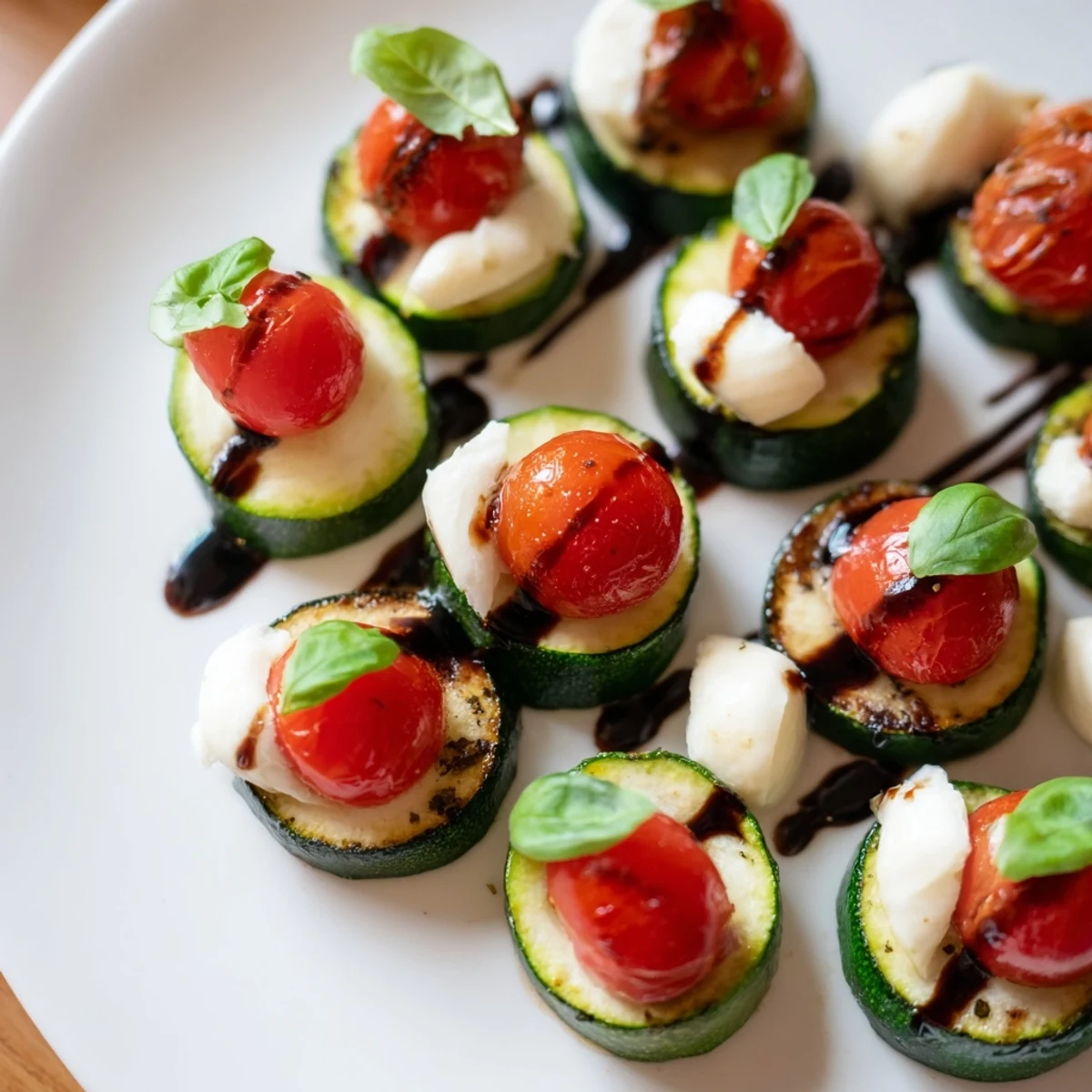 Homemade Zucchini Caprese Bites, drizzled with balsamic glaze, offer a burst of Italian flavors.