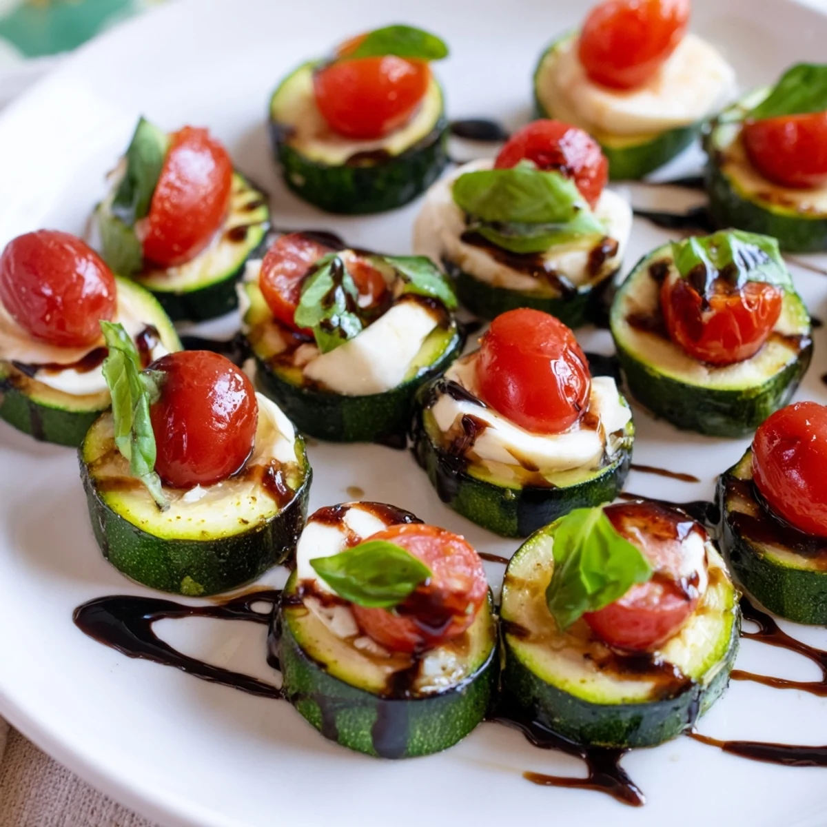 Delicious Zucchini Caprese Bites, featuring baked zucchini, fresh mozzarella, and juicy tomatoes.