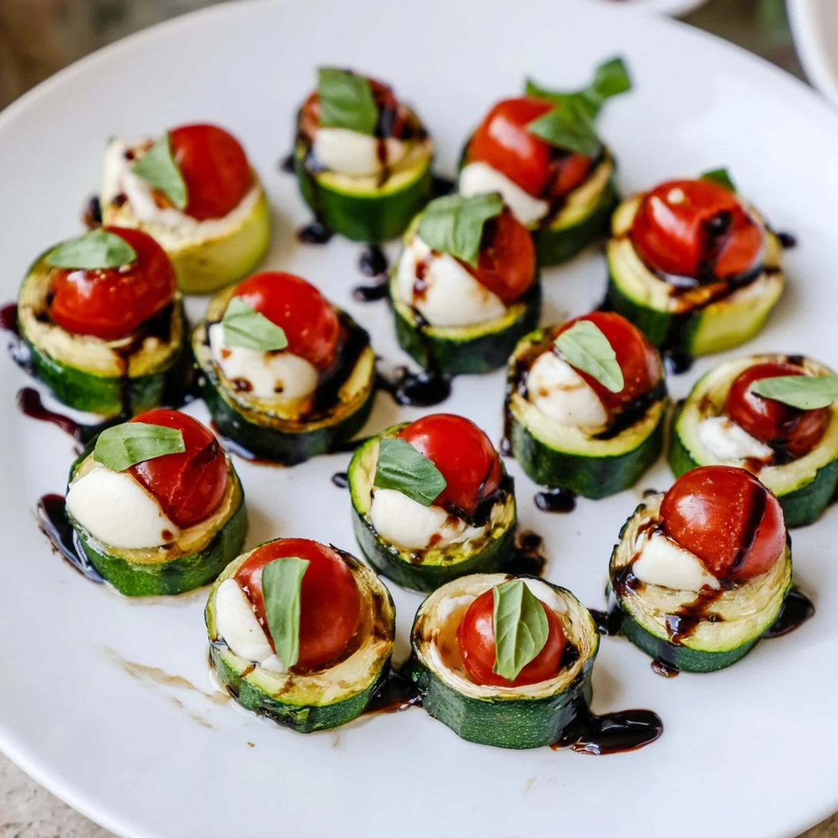 Vibrant Zucchini Caprese Bites, garnished with basil, ready to serve as a healthy vegetarian appetizer.