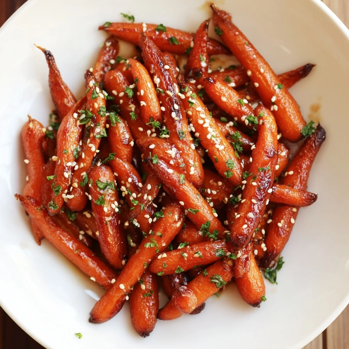 Golden, glazed Honey Soy Roasted Carrots glistening on a baking sheet, ready to serve as a side.