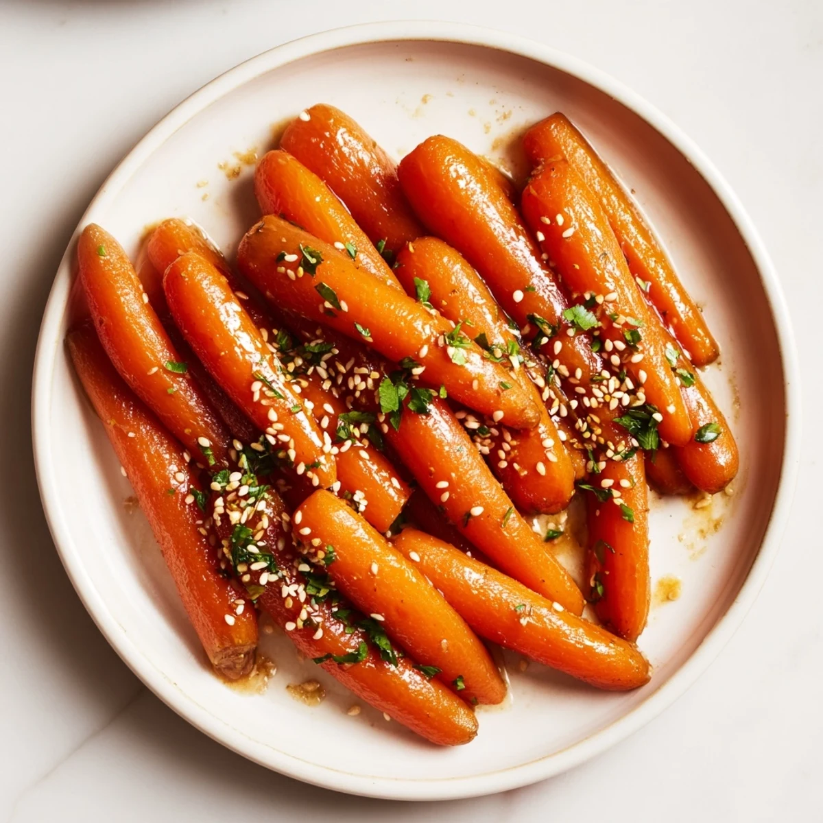 Vibrant orange Honey Soy Roasted Carrots, perfectly caramelized and sprinkled with sesame seeds, a tasty vegetarian dish.