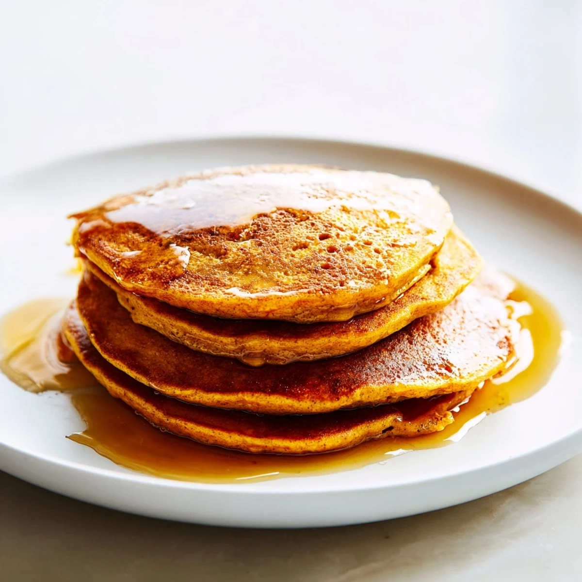 Golden-brown fluffy pumpkin spice pancakes stacked high, drizzled with maple syrup for breakfast.