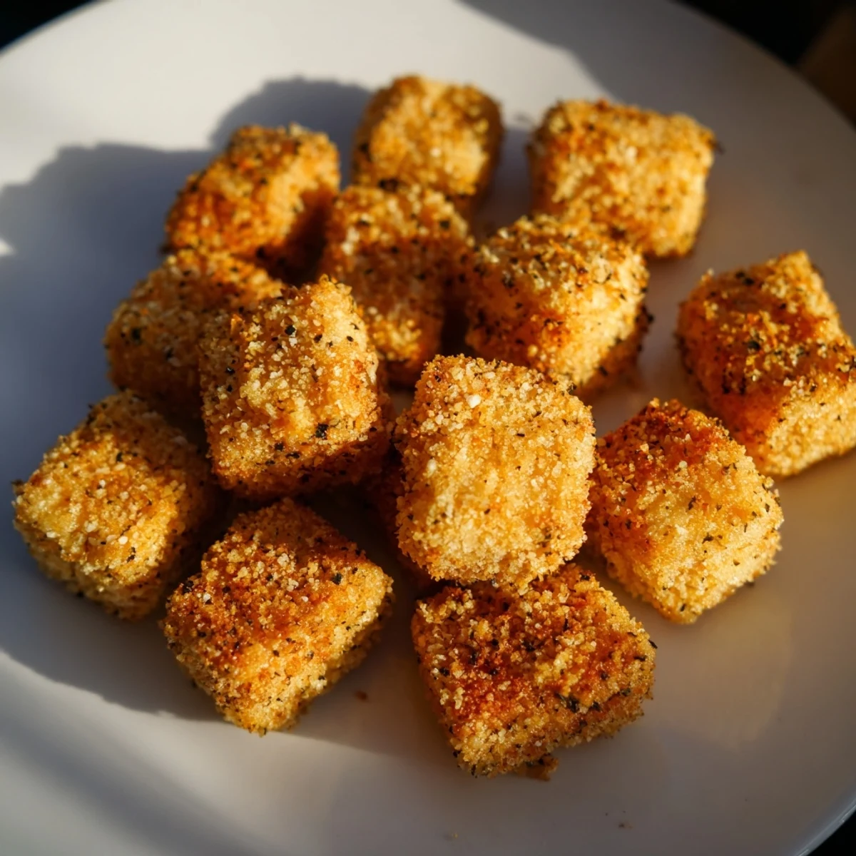 Golden, crispy popcorn tofu bites, seasoned and ready to eat, served with a dipping sauce.