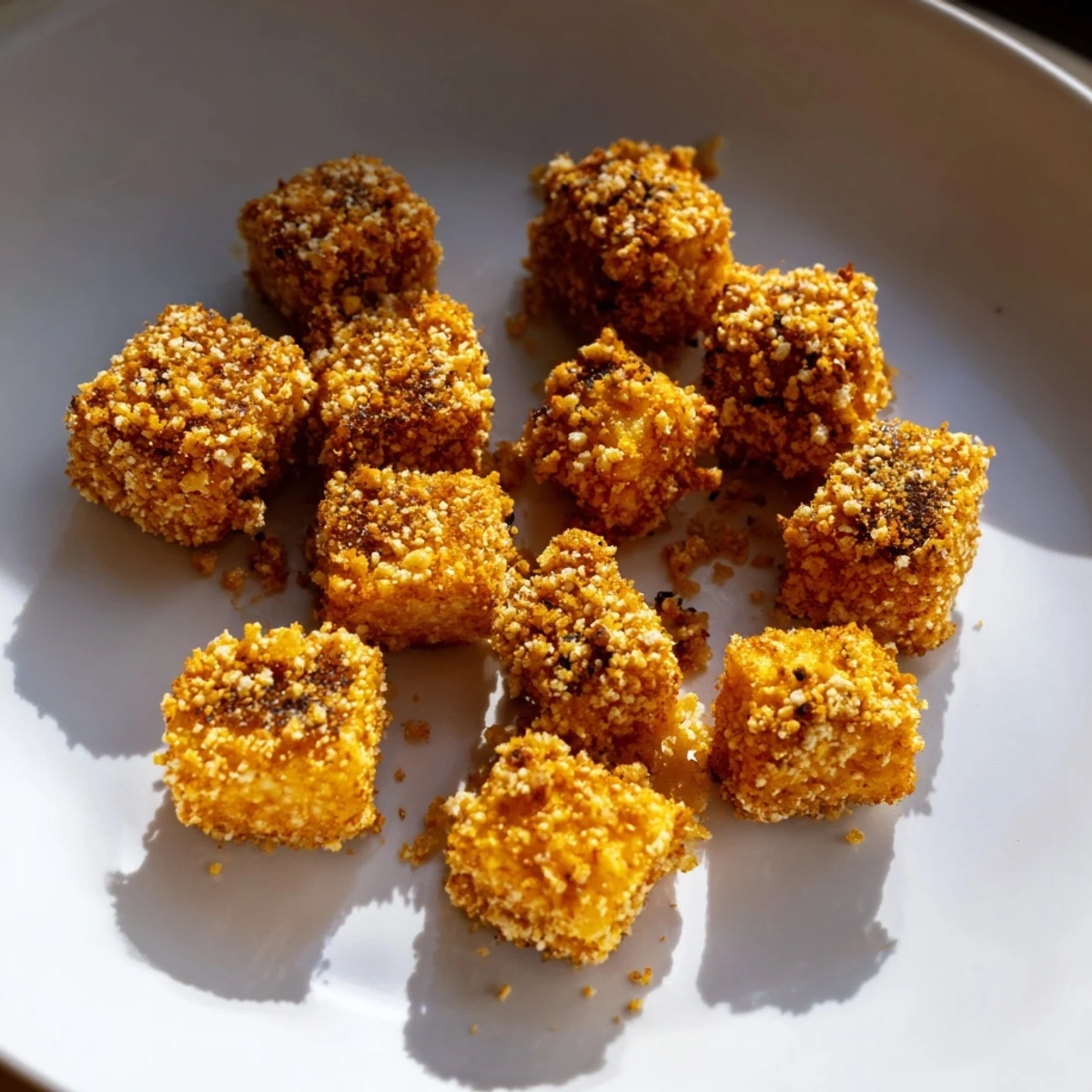 A close-up of crunchy popcorn tofu bites, offering a savory aroma and beautiful texture.