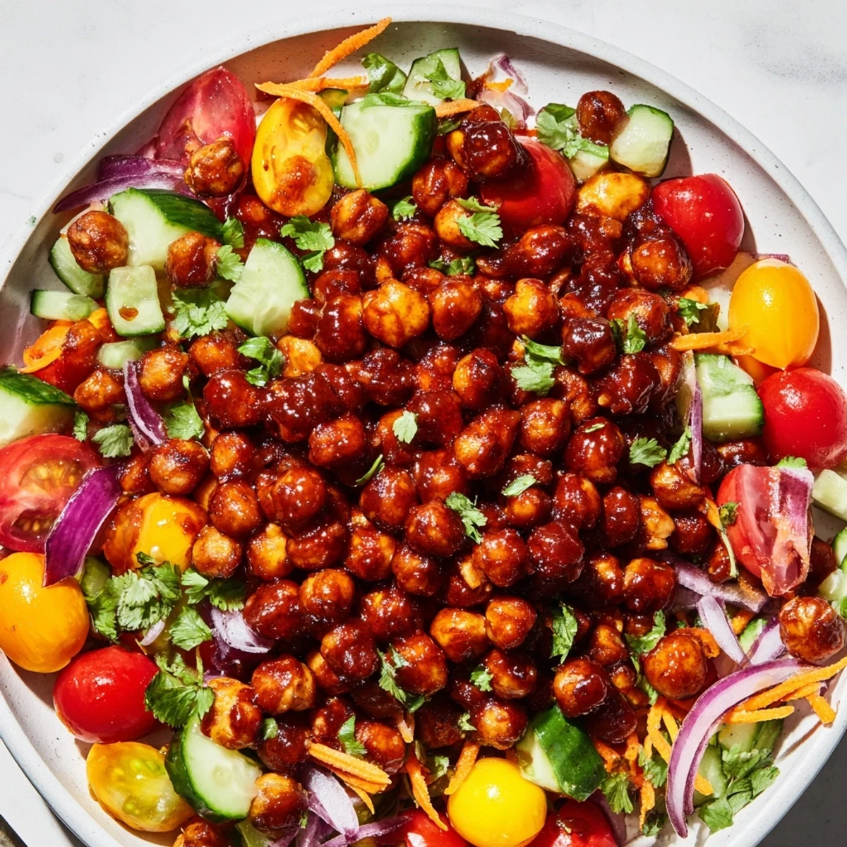 Smoky BBQ Chickpea Salad, bursting with fresh veggies and a tangy, vibrant dressing.