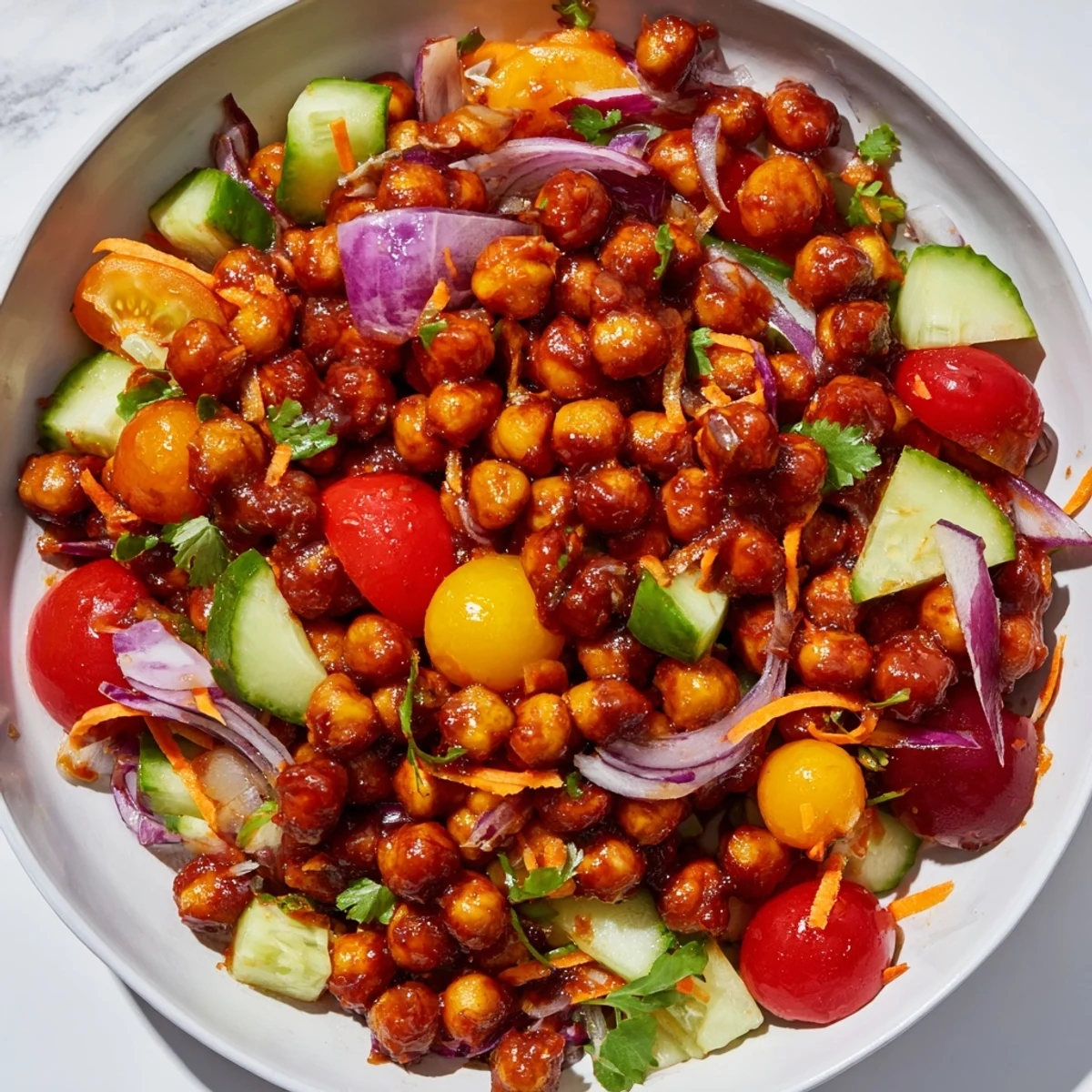 This colorful BBQ Chickpea Salad features tender chickpeas and crisp vegetables tossed together beautifully.